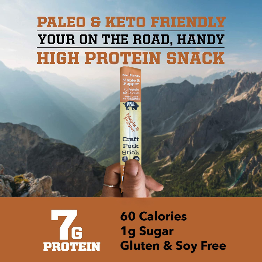 Maple & Pepper pork stick photographed outdoors with nutrition highlights