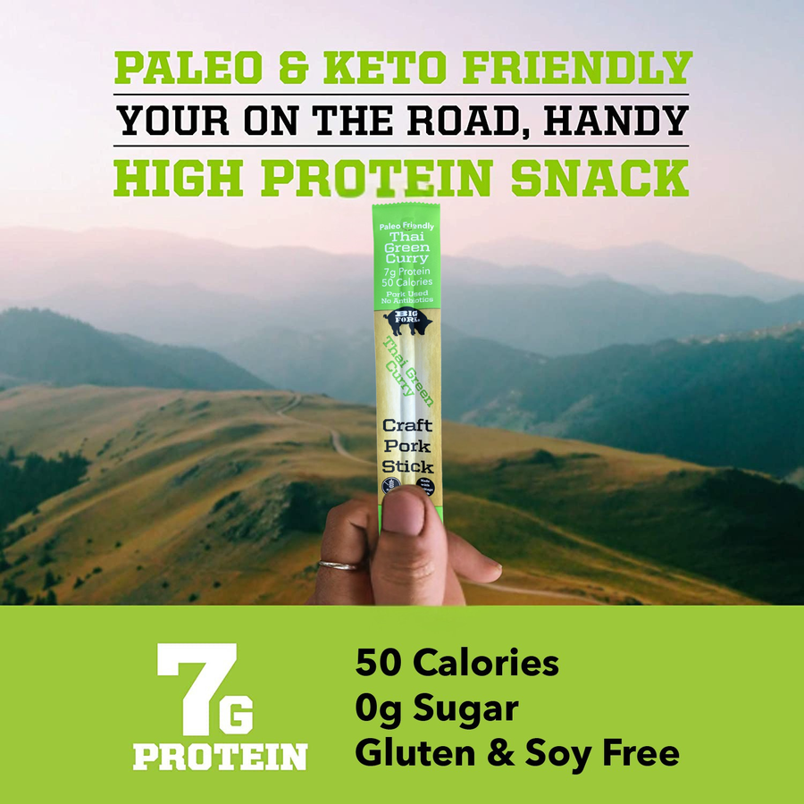 Thai Green Curry pork stick photographed outdoors with nutrition highlights