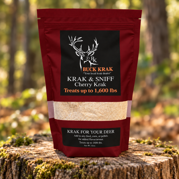 Cherry Krak & Sniff 32 oz wildlife feed enhancer pouch in a wooded setting