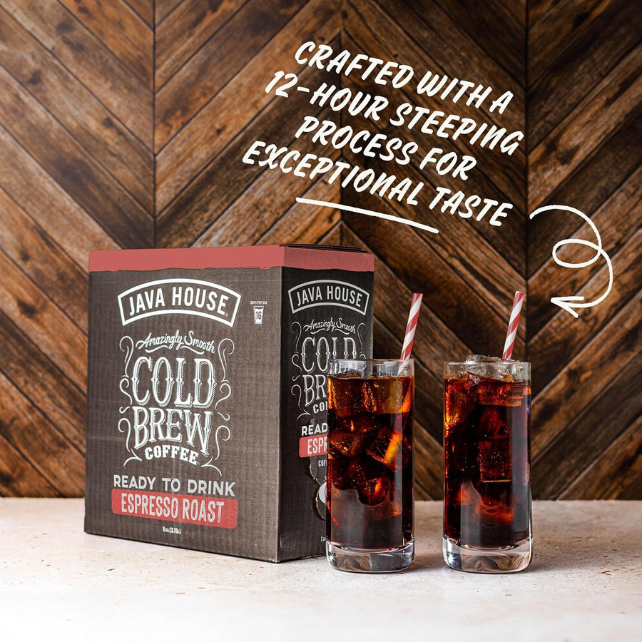 Espresso box beside iced coffee with brewing-process message