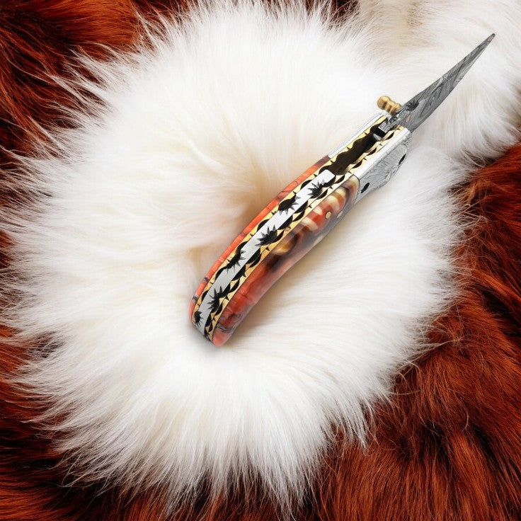 Handmade Damascus Pocket Knife – Epoxy Resin Handle