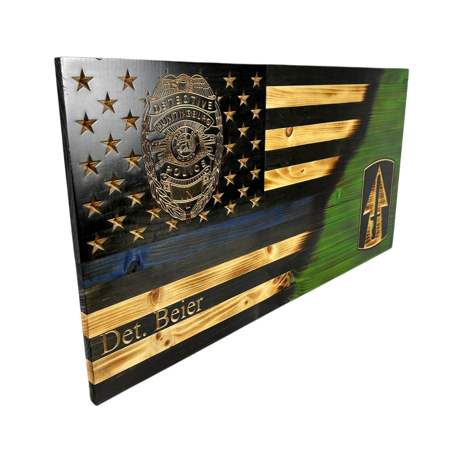 wooden American flag with engraved badge