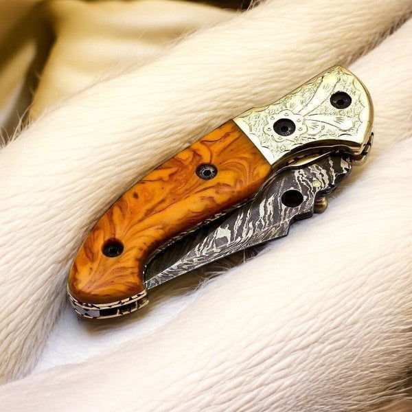Custom Handmade Damascus Pocket Knife with Epoxy Resin Handle