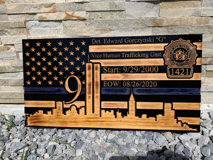 Personalized 9/11 tribute wooden flag with Twin Towers memorial design