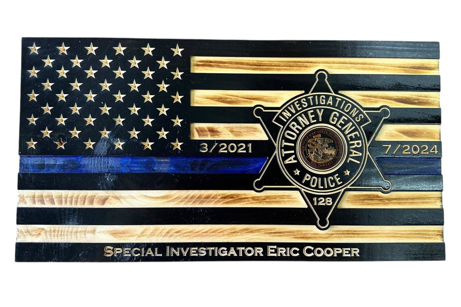 Personalized Thin Blue Line Wooden Police Flag with Engraved Badge — product photo 8
