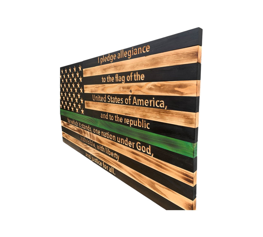 Handcrafted wooden American flag with Pledge of Allegiance engraving