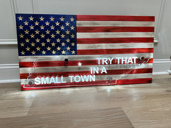 Custom Wooden American Flag with Acrylic State Cutout and LED Lighting