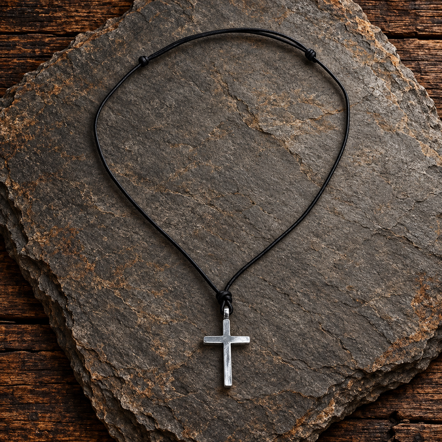 Full view of Classic Cross necklace on black leather cord