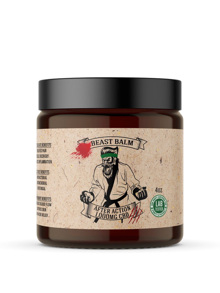After Action Hemp Beast Balm in a 4 oz amber jar with black lid
