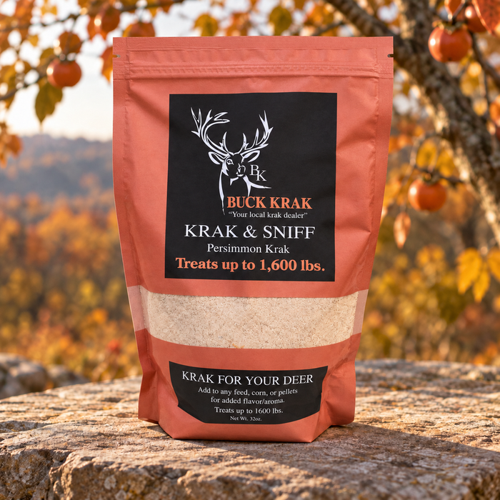 Persimmon Krak & Sniff 32 oz wildlife feed enhancer pouch on a tree stump