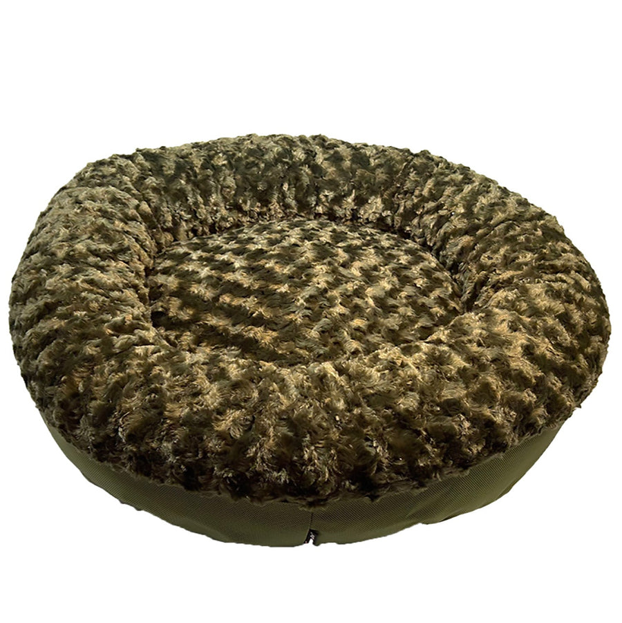 Olive Furvana round bolster dog bed viewed from above