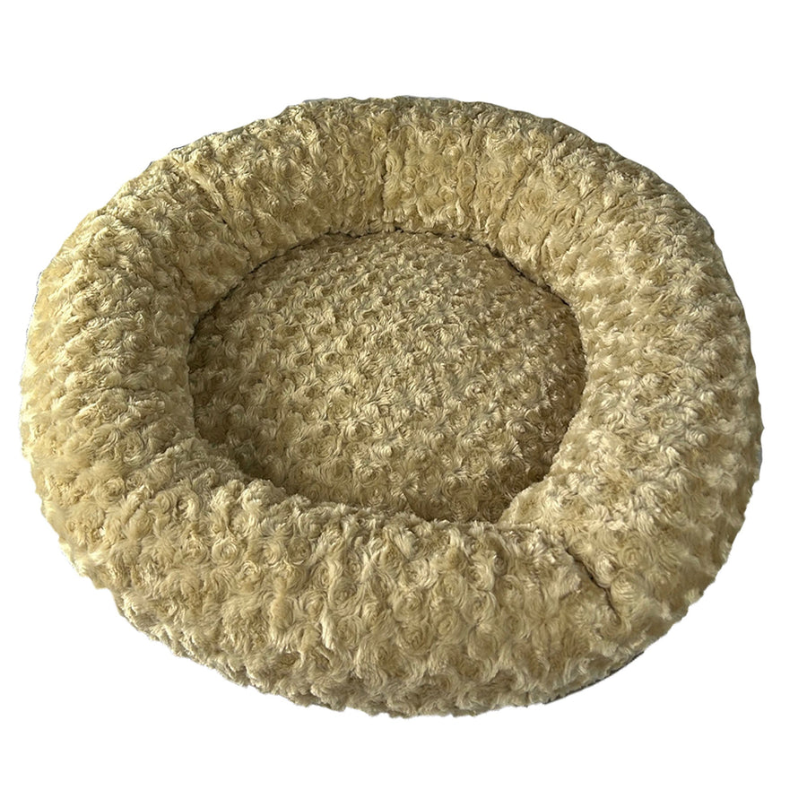 Camel Furvana round bolster dog bed viewed from above