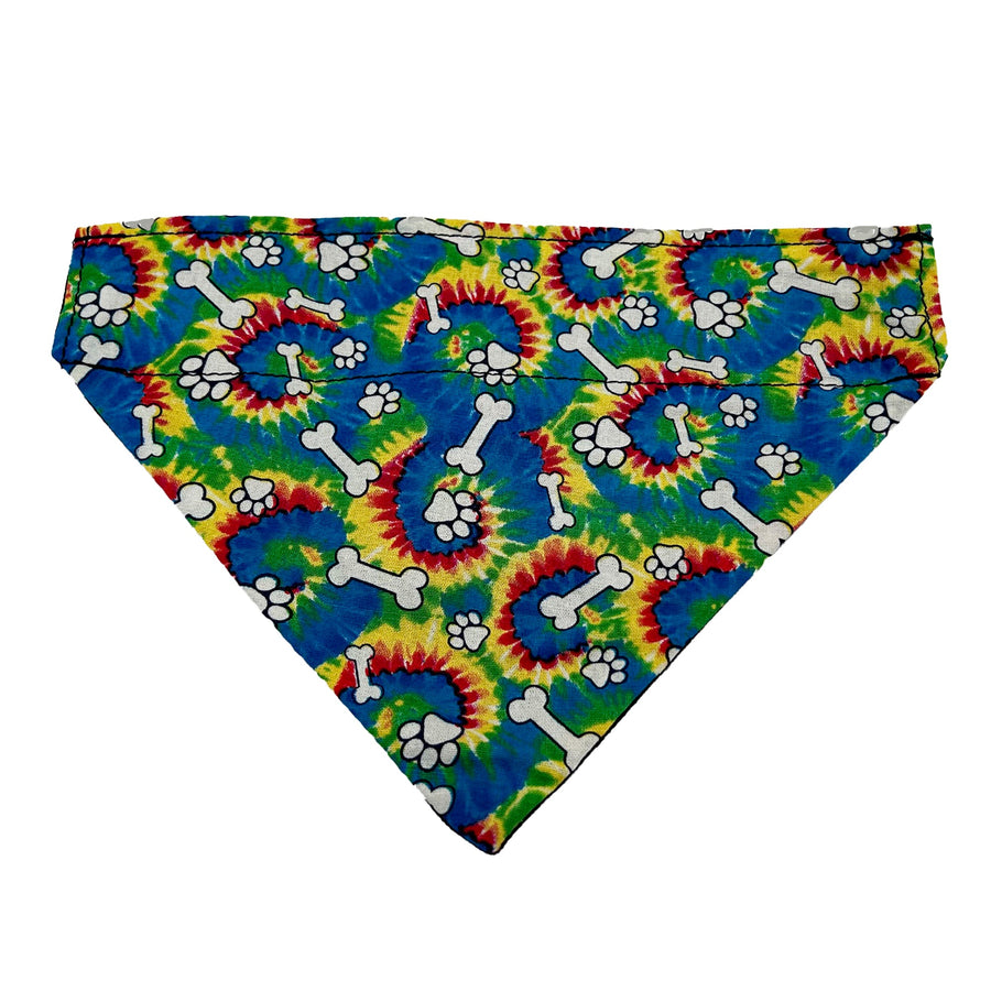 Slip-on dog bandana with colorful Bone and Paw Tie Dye print