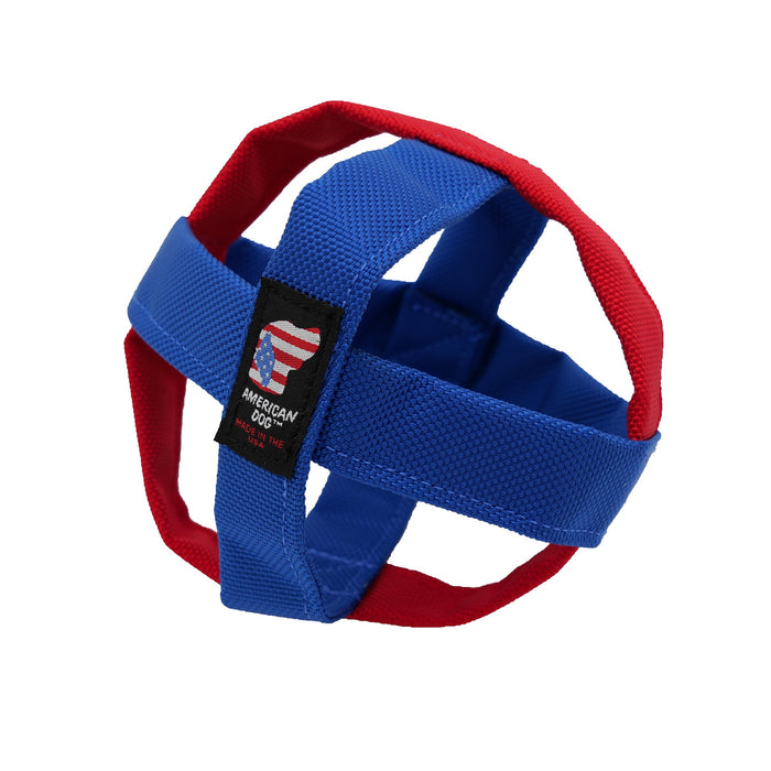 Royal blue and red Catapult Cage fabric dog tug toy