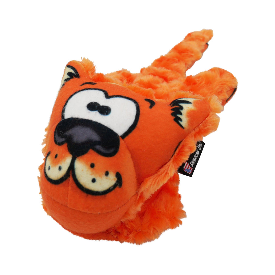 Close-up of Cliff the Cat orange plush dog toy face
