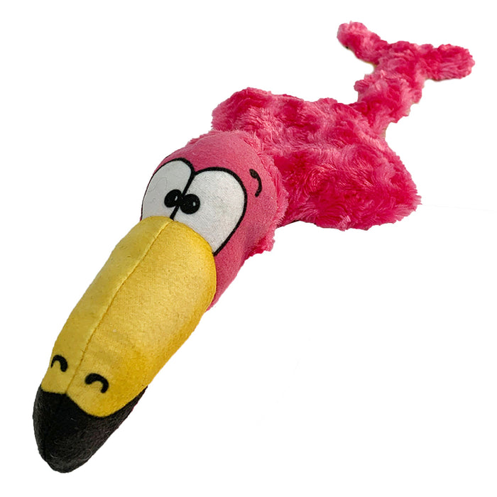 Flora pink flamingo plush dog toy with yellow beak, angled view