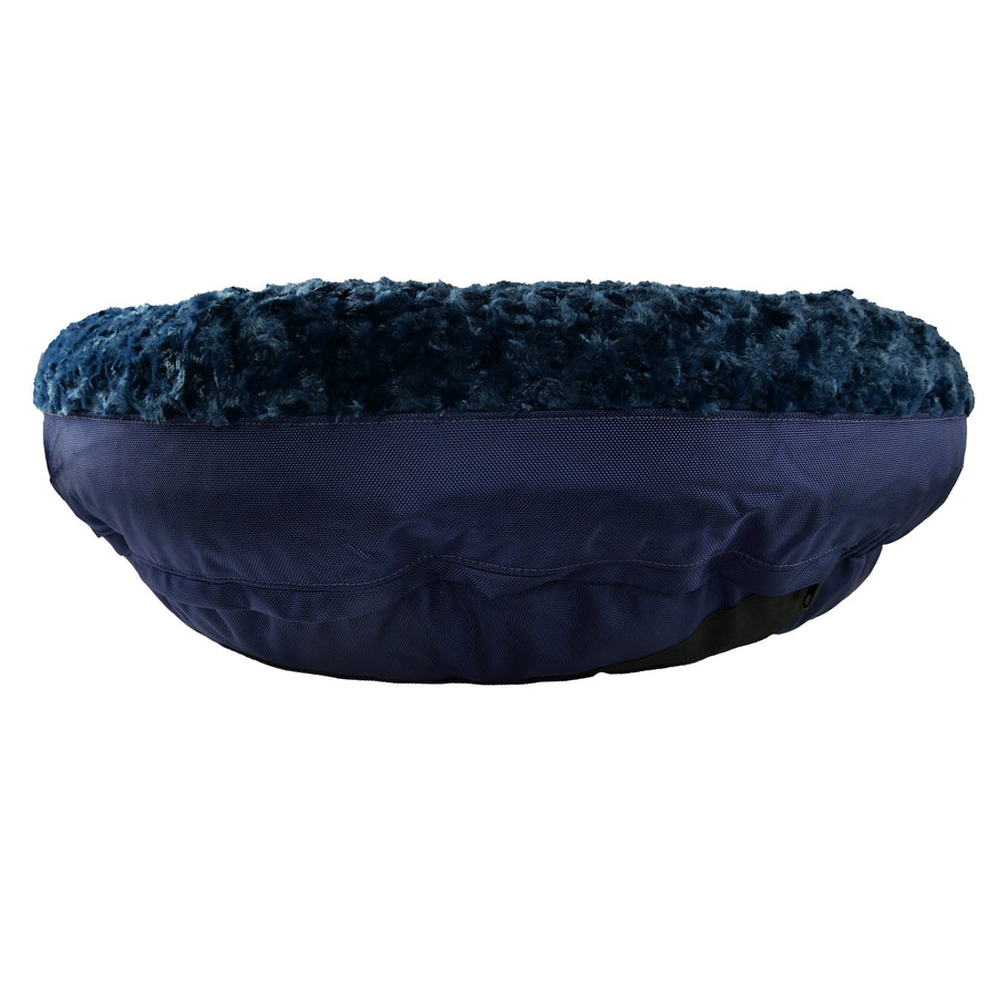 Midnight blue Furvana round bolster dog bed viewed from the side
