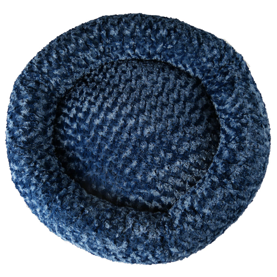 Midnight blue Furvana round bolster dog bed viewed from above