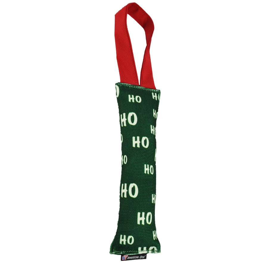 Green Ho Ho Ho fire hose dog tug with red handle