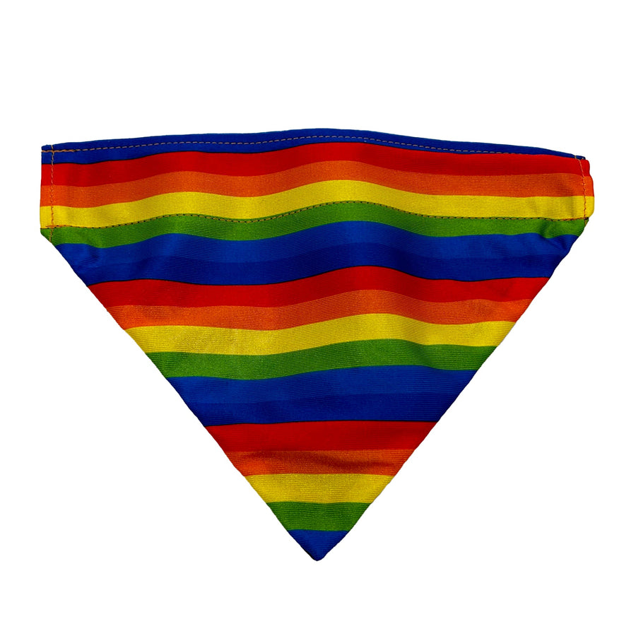 Slip-on dog bandana with horizontal rainbow stripes