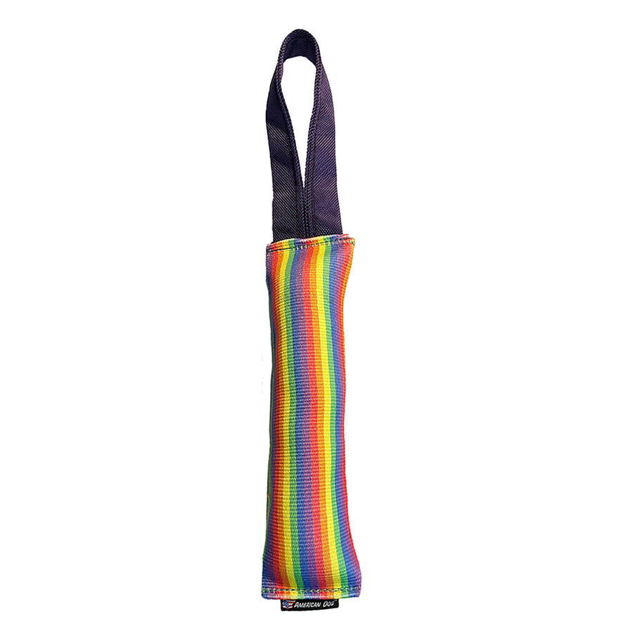 Rainbow striped fire hose dog tug with dark handle