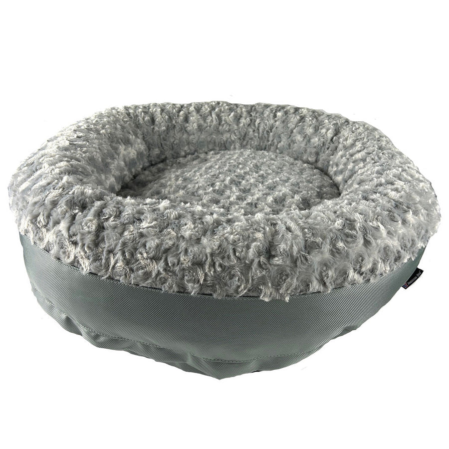 Silver Furvana round bolster dog bed, angled view