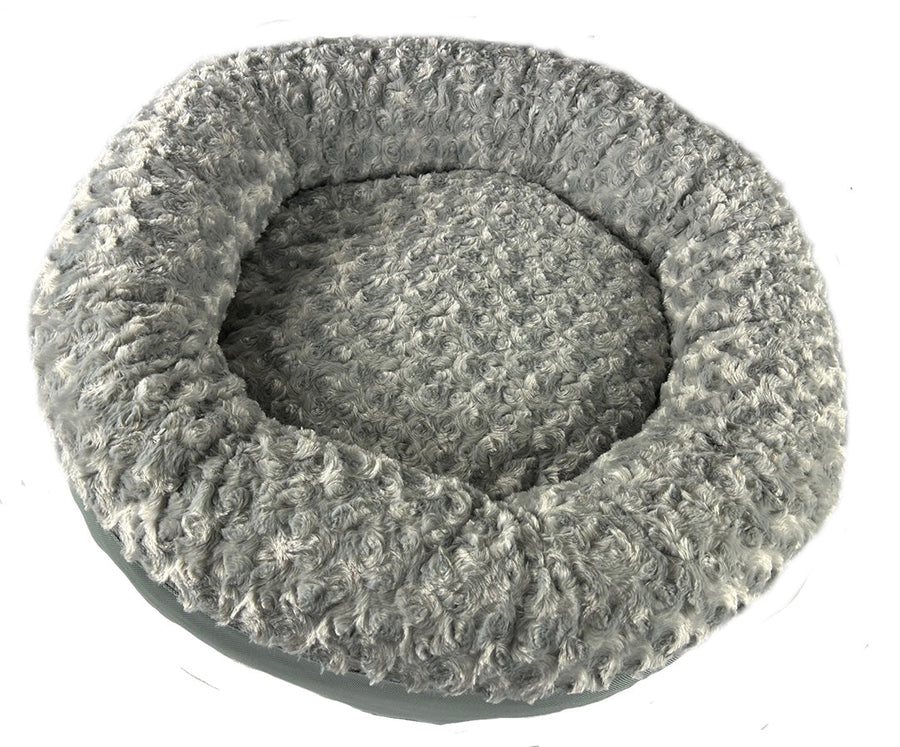 Silver Furvana round bolster dog bed viewed from above