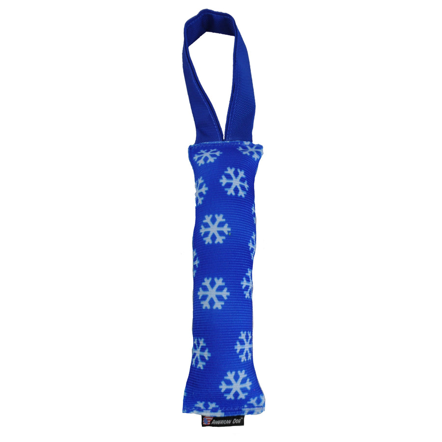 Blue Snowflake fire hose dog tug with blue handle