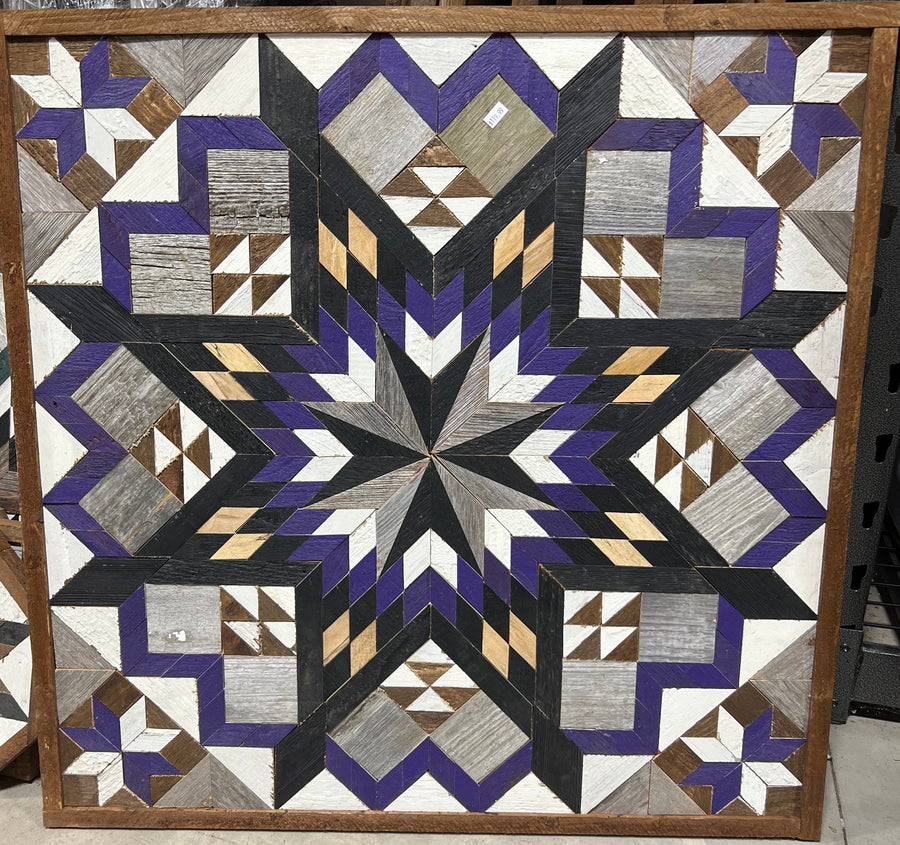 Individual reclaimed-wood barn quilt with a hand-painted geometric star design