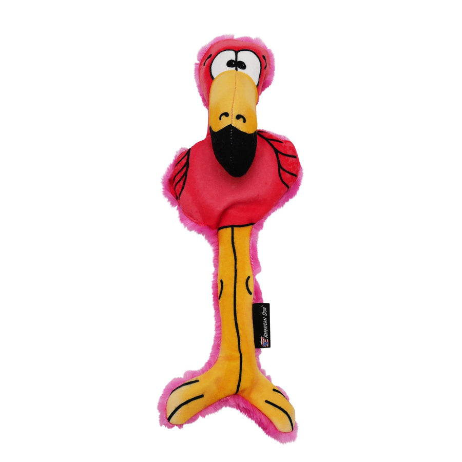 Flora pink flamingo plush dog toy viewed from the front