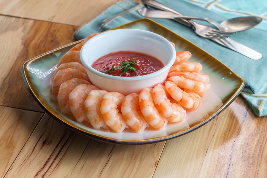 Shrimp cocktail illustrating a horseradish cocktail-sauce serving idea