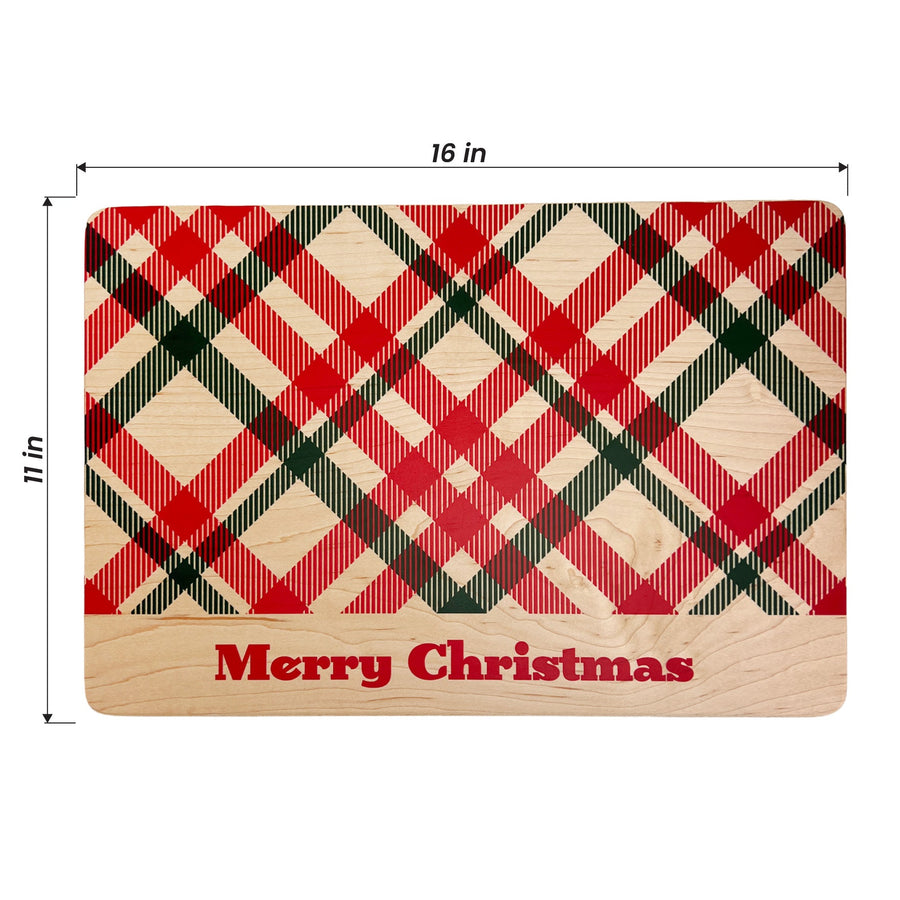 Christmas Plaid Maple Wood Serving Board with dimension annotations