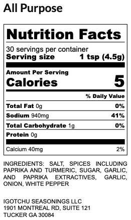 All Purpose seasoning – nutrition facts panel