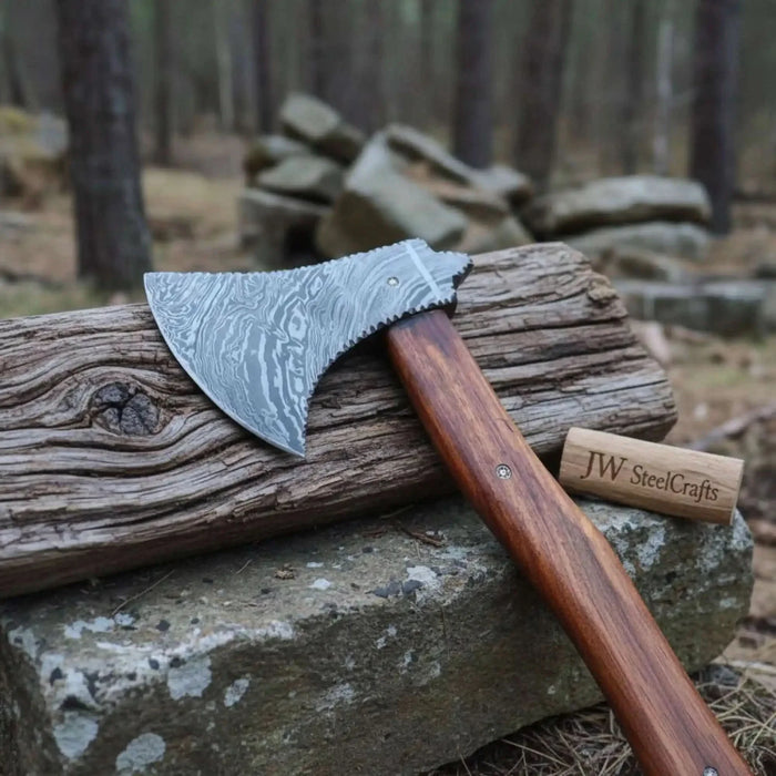 Hand Forged Bushcraft Chopping Axe, Damascus Blade + Ergonomic Curved Handle
