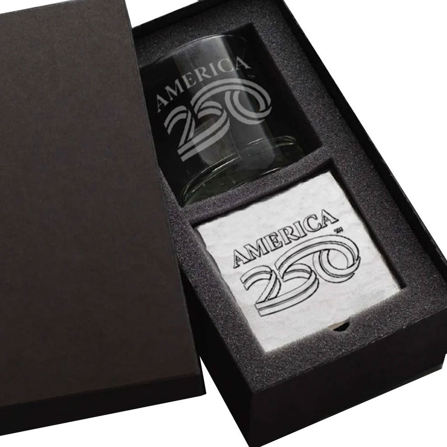 Gift packaging display for America250 Rocks Glass with Coaster Gift Set