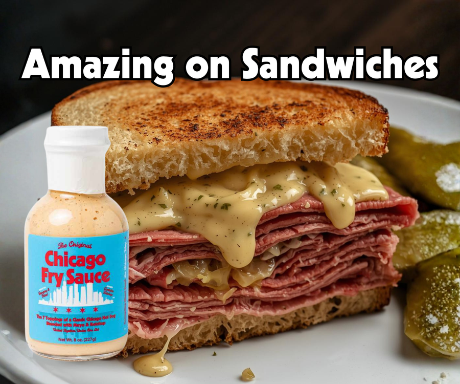 Chicago Fry Sauce bottle beside a stacked deli sandwich