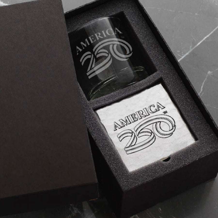 Gift packaging display for America250 Rocks Glass with Coaster Gift Set