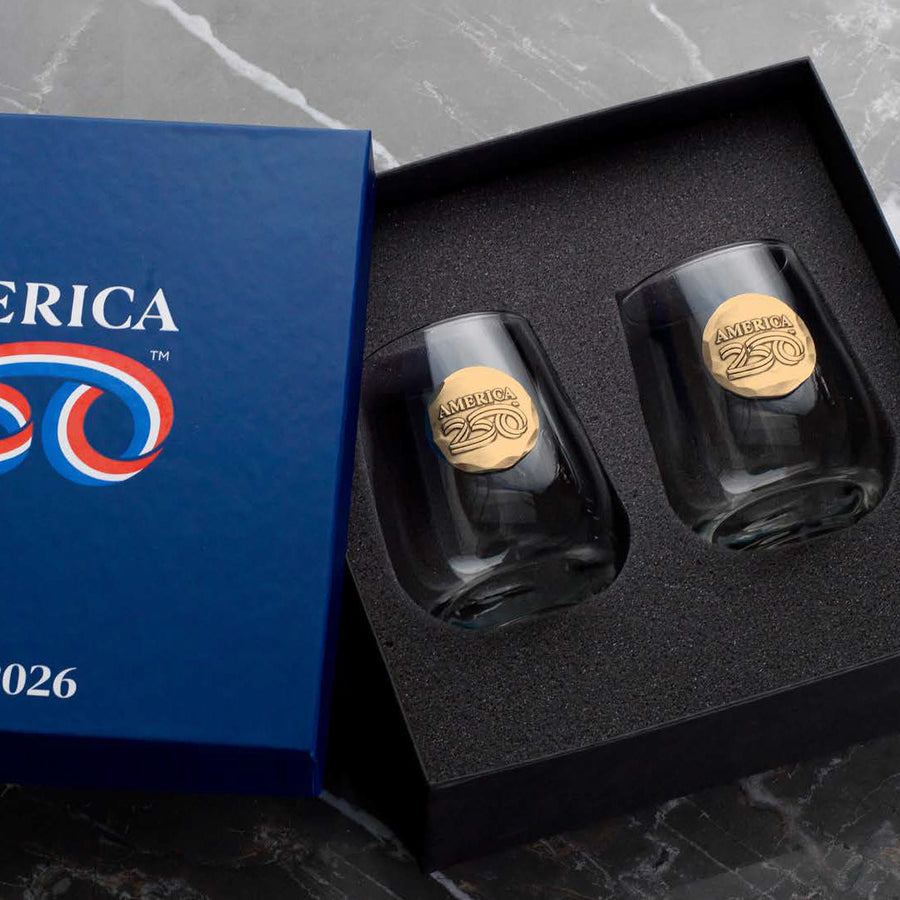 Gift packaging display for America250 2-Piece Wine Glass Gift Set