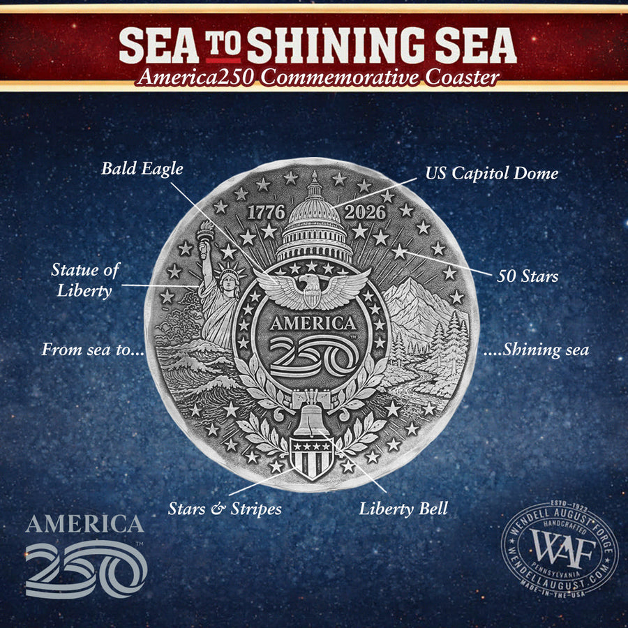 Product information card for America250 Sea to Shining Sea 4-piece Coaster Set