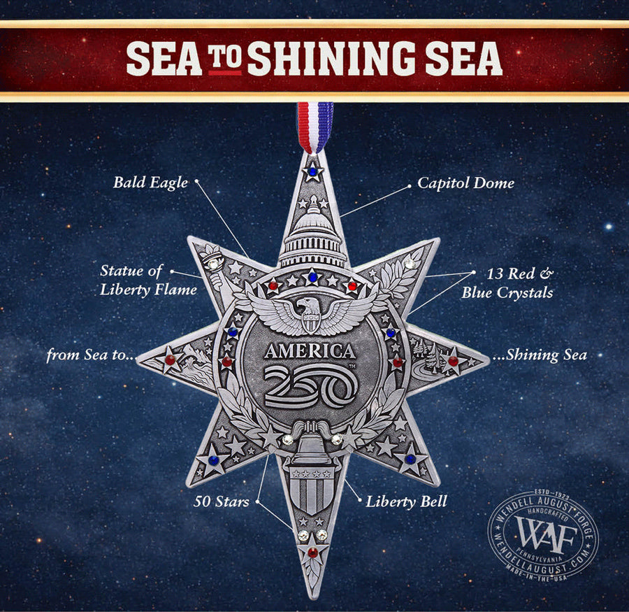 Product information card for America250 Sea to Shining Sea Ornament (Aluminum and Crystals)