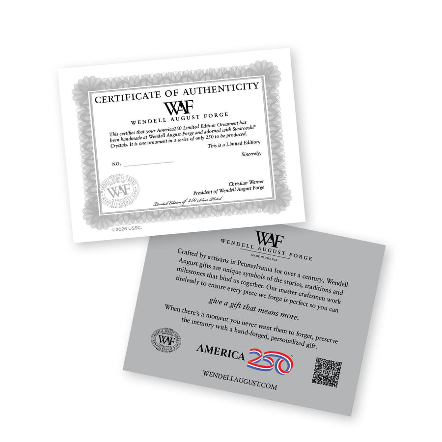 Product information card for America250 Sea to Shining Sea Ornament (Aluminum and Crystals)
