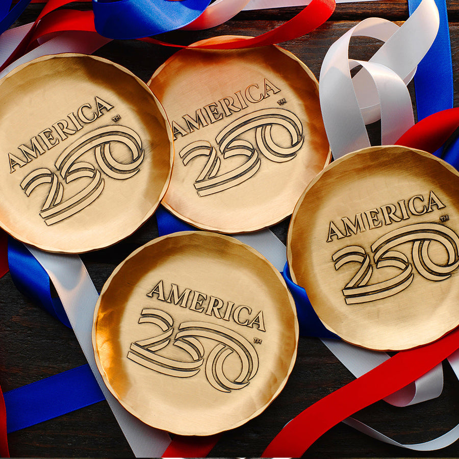 Styled display featuring America250 4-Piece Coaster Set with Caddy