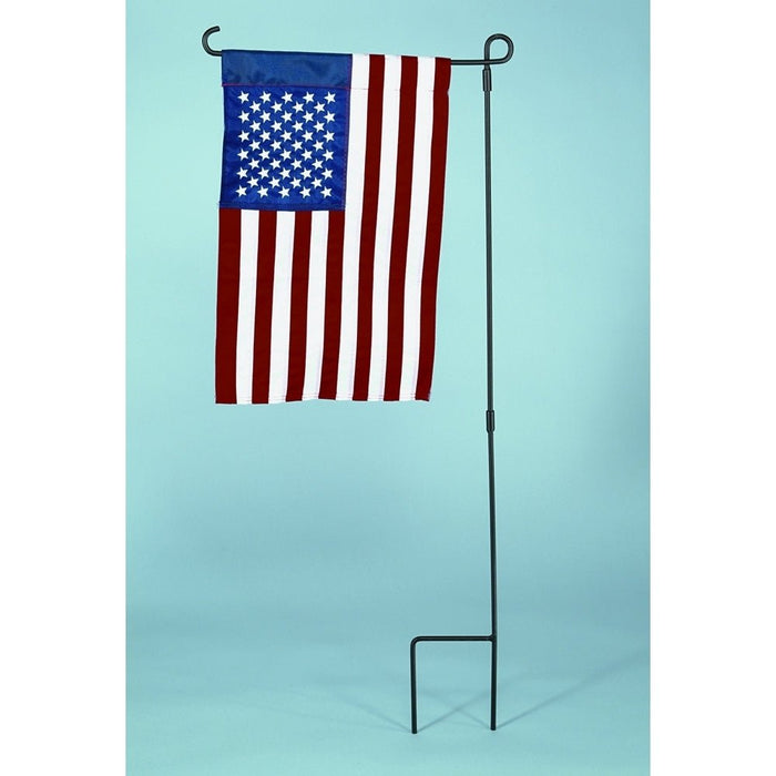 12 x 18 inch American flag garden banner with sewn stripes and embroidered stars, made in USA