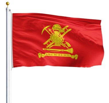 American-made 3' x 5' firefighter flag with red field, gold fire service emblem and Loyal to Our Duty motto