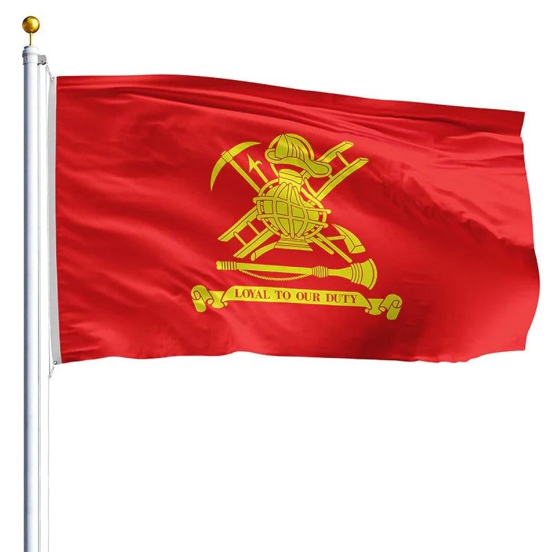 Fireman Red flag with yellow emblem and text on a white background