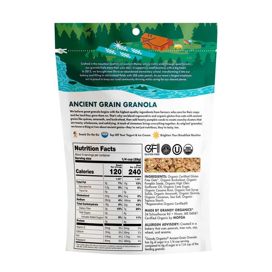 Ancient Grain Granola - back of the pictured 9 oz bag with ingredients and Nutrition Facts