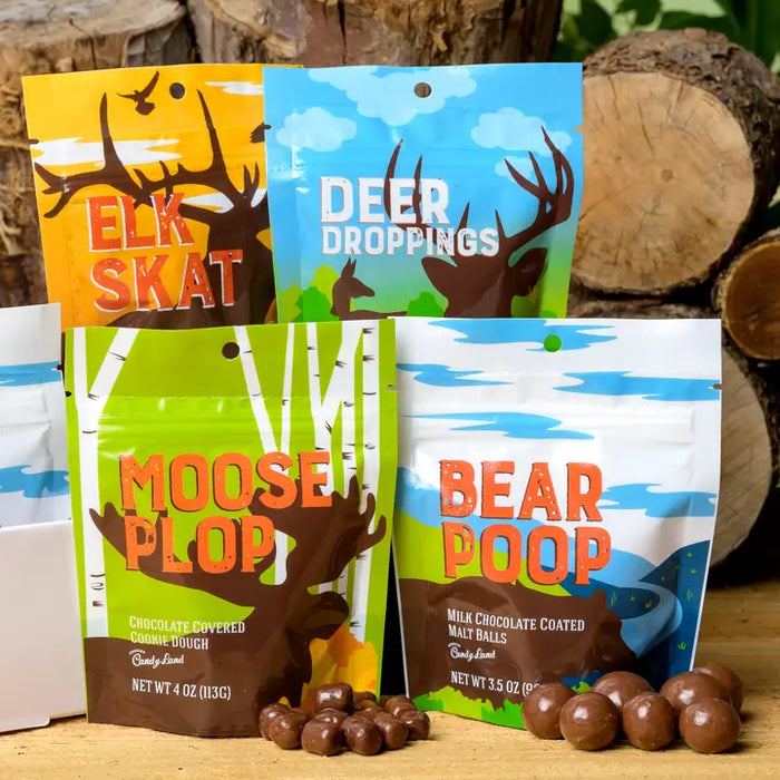 Animal Trackers chocolate candy assortment with four illustrated pouches