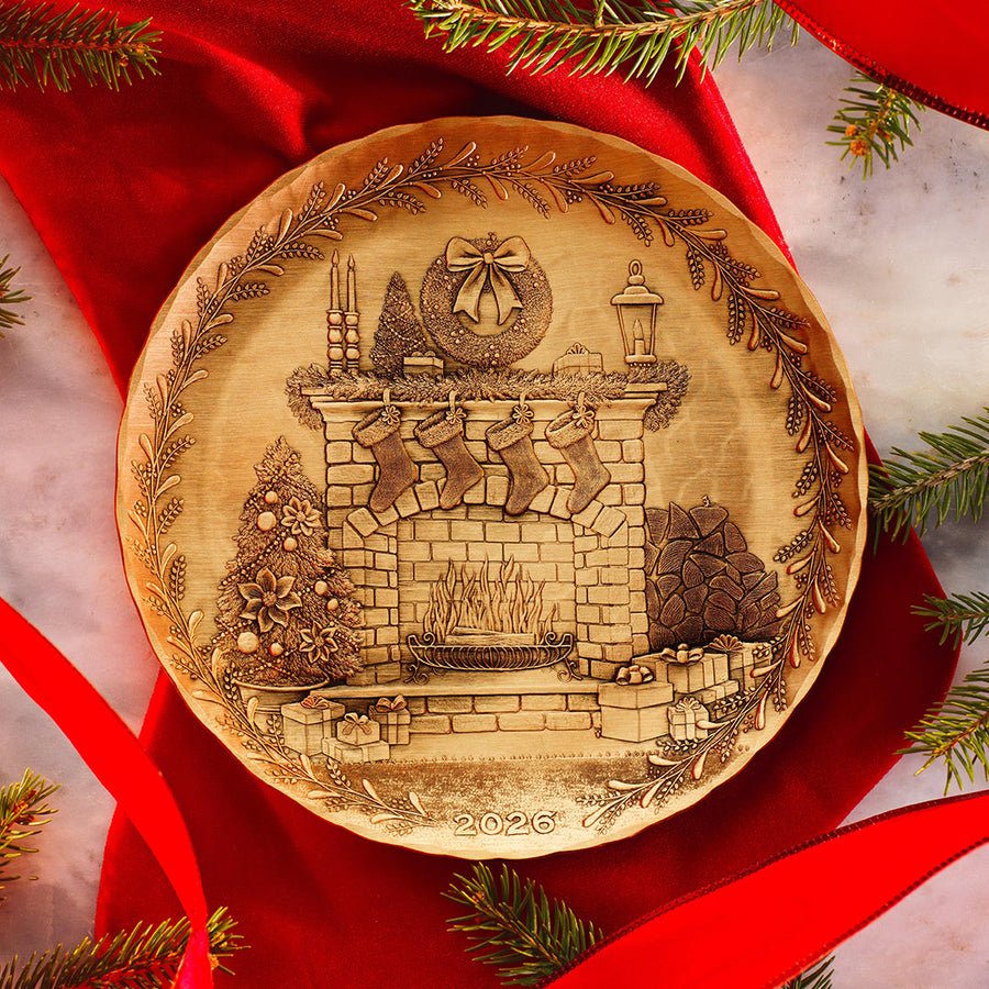 Styled display featuring 2026 Annual Plate - Cozy Christmas Hearth