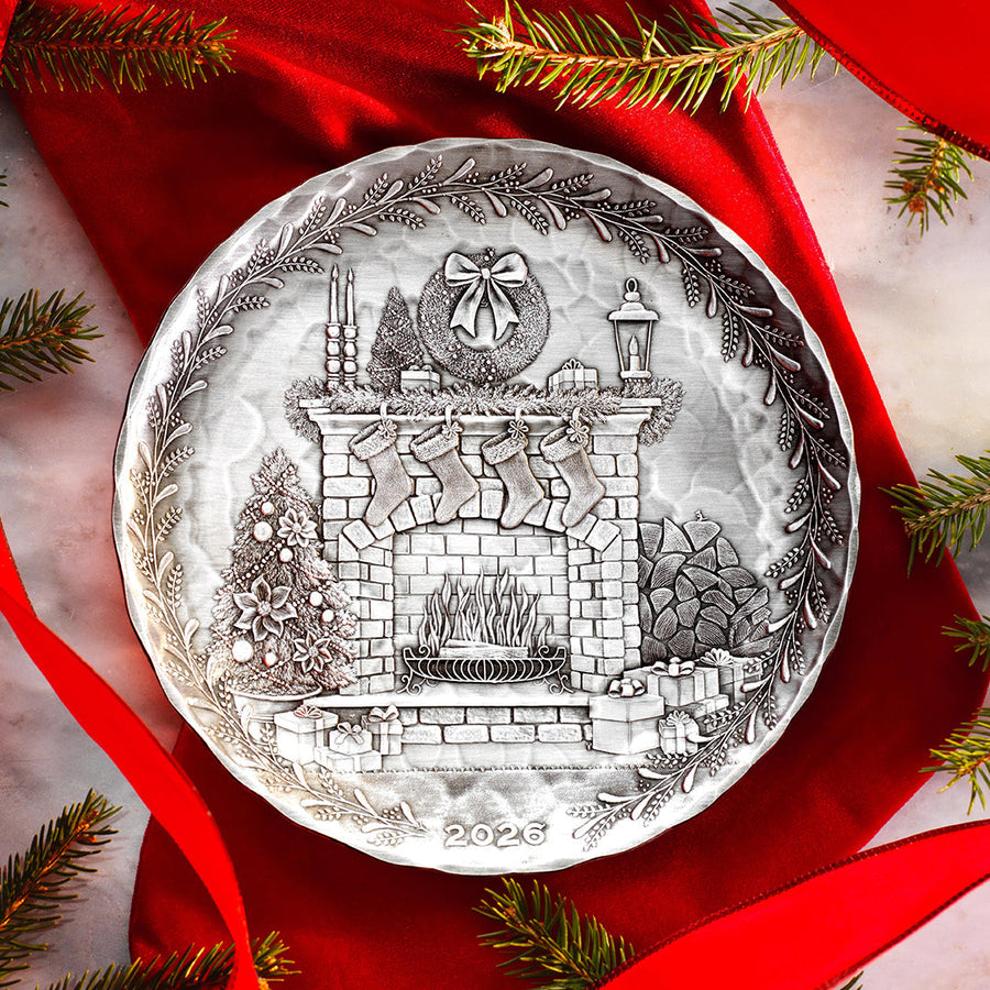 Styled display featuring 2026 Annual Plate - Cozy Christmas Hearth