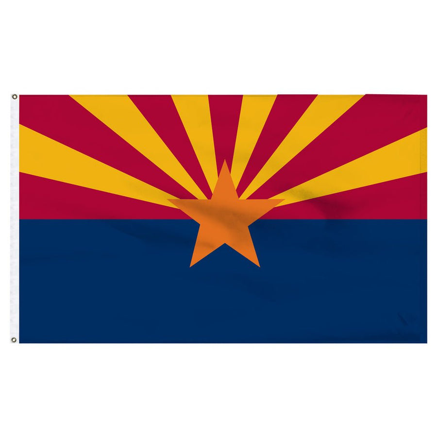 Arizona state flag with red and yellow rays, copper star and blue lower field